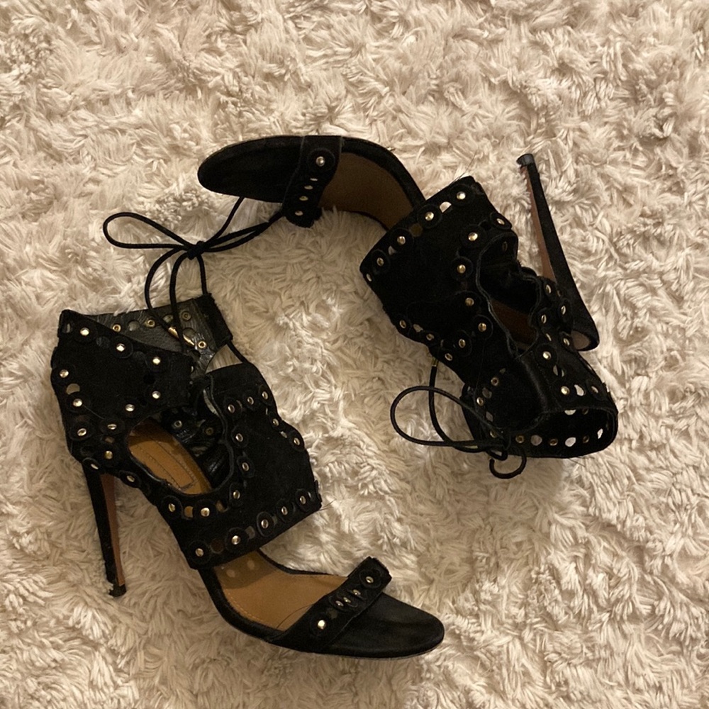 Aquazzura Suede Leather Black Stiletto Sandals Size 38 Made in Italy